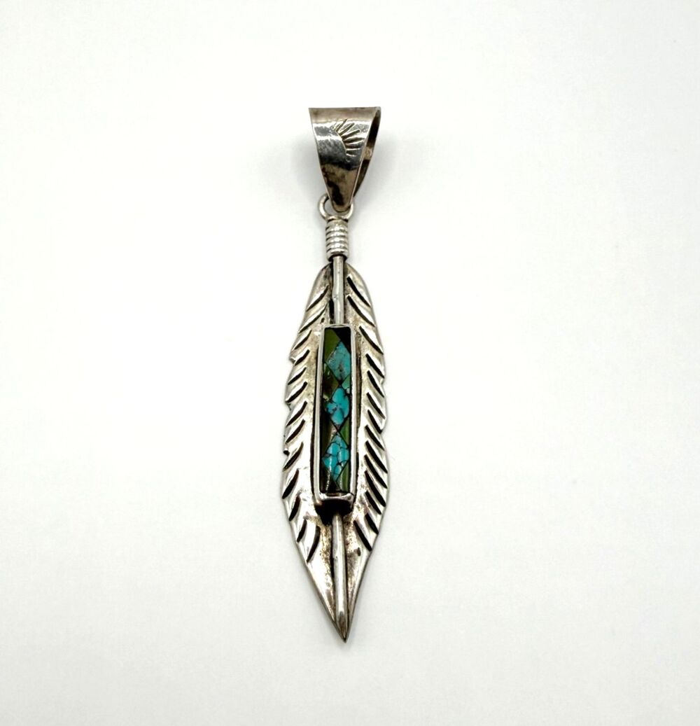 Navajo Mary Toledo Sterling Turquoise Inlay Feather Pendant Signed Navajo Native